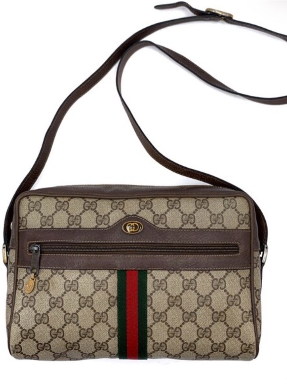 Gucci Beige Brown GG Canvas Messenger Bag with Green-Red Stripe